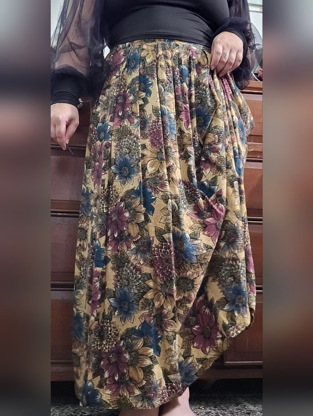 Vintage Floral Button-Front Top in Mustard and Plum